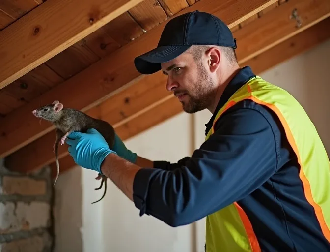 Technician inspecting a roof cavity for a dead rat in Epping